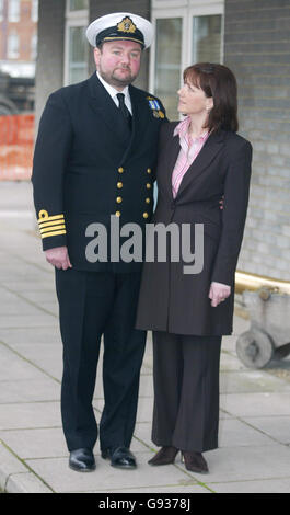 Royal Navy captain Robert Tarrant leaves HMS Nelson in Portsmouth with his wife Tracy McClure, Thursday January 19, 2005 after being cleared of three charges of ill-treating two officers and a rating through repeated, unjustified, verbal abuse. See PA story COURTS Submarine. PRESS ASSOCIATION Photo. Photo credit should read: Chris Ison/PA. Stock Photo