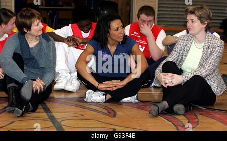 From left: Secretary of State for Culture, Media and Sport Tessa Jowell, Dame Kelly Holmes and Education Secretary Ruth Kelly visit Acland Burghley School in north London, Wednesday February 1, 2006, where Tessa Jowell unveiled Dame Kelly Holmes as the National School Sport Champion at the launch of a new initiative to get more British children involved in school sport. See PA story SPORT Holmes. PRESS ASSOCIATION Photo. Photo should read: Cathal McNaughton/PA Stock Photo