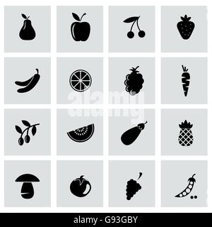 Vector black fruit and vegetables icons set Stock Vector