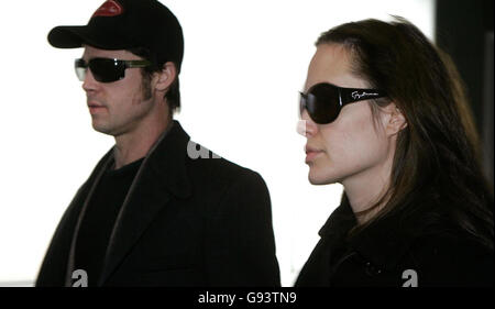 SHOWBIZ Jolie. Hollywood stars Brad Pitt and Angelina Jolie at Heathrow Airport after flying from Zurich. Stock Photo