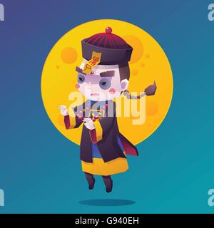 Vector Illustration of Chinese Hopping Vampire Ghost for Halloween with Full Moon Background, Cute Character Stock Vector