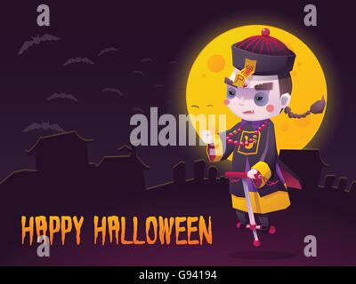 Vector Illustration of Chinese Hopping Vampire Ghost with Jumping Stick for Halloween Trick or Treat Greeting Card Stock Vector