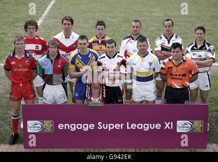 Super League captains, back row (from left-right), Wigan's Sean O'Loughlin, St Helens' Paul Sculthorpe, Huddersfield's Chris Thorman, Catalan Dragons' Jerome Guisset, Wakefield's Monty Betham and Hull's Richard Swain. Front row (from left-right) Salford's Malcolm Alker, Harlequin's Mark McLinden, Leeds Rhinos' Kevin Sinfield, Bradford Bulls' Iestyn Harris, Warrington Wolves' Lee Briers, Castleford's Danny Nutley, during the Super League launch at Old Trafford, Manchester, Monday February 6, 2006. PRESS ASSOCIATION Photo. Photo credit should read: Martin Rickett/PA. ***EDITORIAL USE ONLY*** Stock Photo