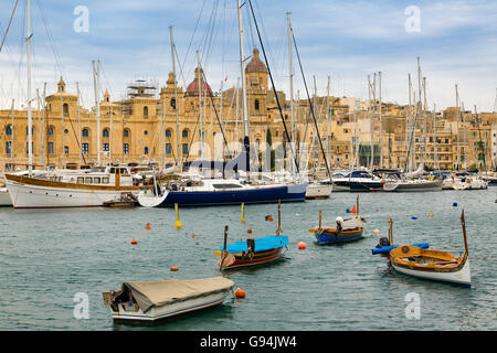 In bay The Grand Harbor Tricity of Valletta, Birgu and Senglea on the island Malta Stock Photo