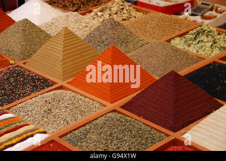 Market stall with spices, bazaar, Manavgat, province Antalya, Turkish Riviera, Turkey Stock Photo