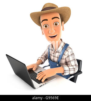 3d farmer working on laptop, illustration with isolated white background Stock Photo