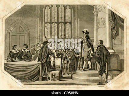 Antique 1803 engraving, Charles I addresses parliament and 'demanding the persons of the five members whom he had accused of Treason' on 3 January 1642. SOURCE: ORIGINAL ENGRAVING. Stock Photo
