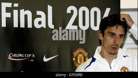 Manchester United captain Gary Neville during a press conference at the Carrington training gound, Friday February 24, 2006, ahead of their Carling Cup final against Wigan on Sunday. PRESS ASSOCIATION Photo. Photo credit should read: Gareth Copley/PA. Stock Photo