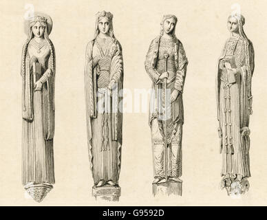 Antique engraving, circa 1880, of statues depicting 13th century figures of Queens and Princesses at the Chartres Cathedral. SOURCE: ORIGINAL ENGRAVING. Stock Photo