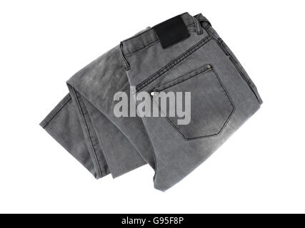 New gray jeans on white background. Isolated with clipping path Stock Photo