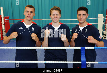 Pat McCormack (left), Savannah Marshall and Josh Kelly (right) during the Olympics team announcement at the English Institute of Sport, Sheffield. Stock Photo