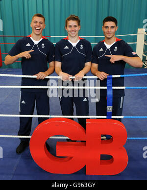 Pat McCormack (left), Savannah Marshall and Josh Kelly (right) during the Olympics team announcement at the English Institute of Sport, Sheffield. Stock Photo