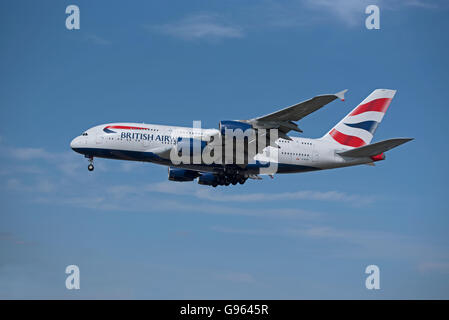 British Airways Airbus A 380-841 Registration G-XLEH arriving at London Heathrow Airport.  SCO 10,462. Stock Photo