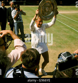 Tennis - Wimbledon - Ladies Singles Final. England's Ann Jones parades the winning silver plate after beating Billie-Jean King in the Ladies Singles final match. Stock Photo