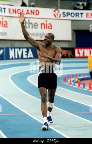 Du'aine Ladejo waves to the crowd after winning a place in the Great Britain team for the World Indoor Championships by winning the men's 400m British team qualifier Stock Photo