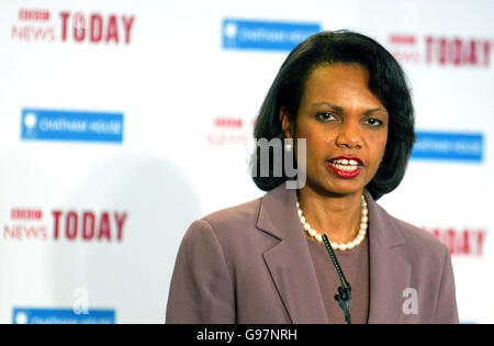 US Secretary of State, Dr Condoleezza Rice delivers her Chatham House lecture speech at Ewood Park in Blackburn, Friday March 31, 2006. A huge security operation is underway today as Dr Rice begins her two-day tour of England's North West. See PA story POLITICS Rice. PRESS ASSOCIATION photo. Photo credit should read: Peter Byrne/PA Stock Photo