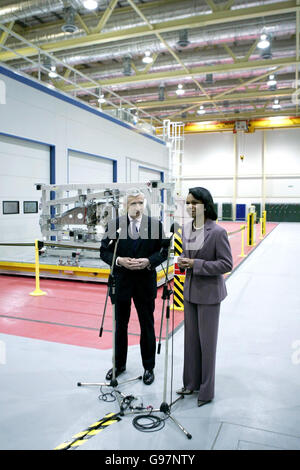 U.S. Secretary of State Condoleezza Rice, right, and Britain's Foreign Secretary Jack Straw speak to the media during their visit to premises of defence group BAe Systems near Blackburn, northern England, Friday March 31, 2006. Rice is visiting the UK for four days at Straw's invitation, after he visited her home state of Alabama last year. Blackburn is the constituency of Jack Straw. PRESS ASSOCIATION Photo. Photo credit should read: Matt Dunham/AP/Pool/PA Stock Photo