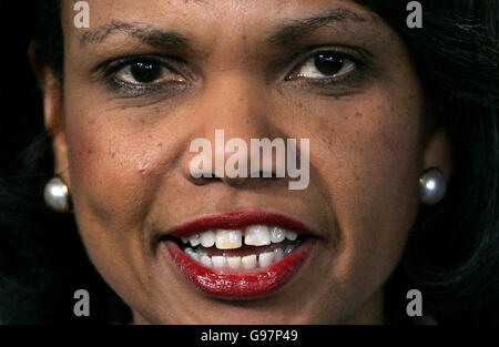 US Secretary of State Condoleezza Rice, delivers a lecture at Ewood Park, the stadium of Blackburn Rovers soccer team in Blackburn, northern England, Friday March 31, 2006. Rice is visiting the United Kingdom for four days at Straw's invitation, after he visited her home state of Alabama last year. Blackburn is the constituency of Jack Straw. PRESS ASSOCIATION Photo. Photo credit should read: Matt Dunham/AP/Pool/PA Stock Photo
