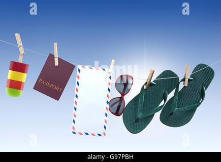 Summer items hanging on a washing line including passport, flip flops, sunglasses, frozen lolly and international mailing envelo