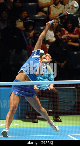 Scotland's Susan Hughes in action against New Zealand's Rebecca Leigh during the Women's Singles at the Melbourne Exhibition Centre, during the 18th Commonwealth Games in Melbourne, Australia, Wednesday March 22, 2006. PRESS ASSOCIATION Photo. Photo credit should read: Sean Dempsey/PA. Stock Photo