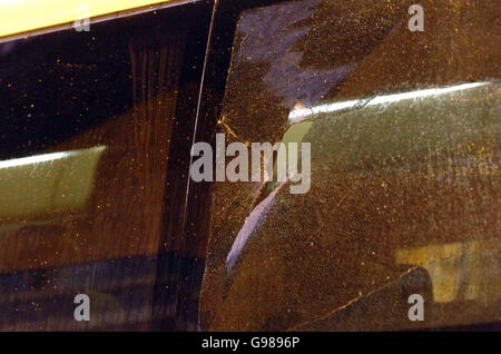 Library file dated 07/03/2006 of the Villarreal team bus as it arrives at the stadium with a smashed window ahead of the Champions League second leg match against Rangers. Rangers could face punishment from UEFA after Villarreal's team bus came under attack on its way to Tuesday night's Champions League tie, Wednesday March 8, 2006. See PA story SOCCER Rangers. PRESS ASSOCIATION Photo. Photo credit should read: Danny Lawson/PA. **EDITORIAL USE ONLY** Stock Photo