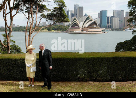 Queen Elizabeth II talks with Australian Prime Minister John Howard during a Commonwealth Day reception at Admiralty House in Sydney. Stock Photo