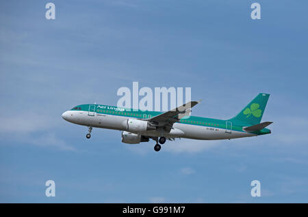 Are Lingus Airbus 320-214 Registration EI-DER 'St Mel' landing at London Heathrow Airport.  SCO 10,471 Stock Photo