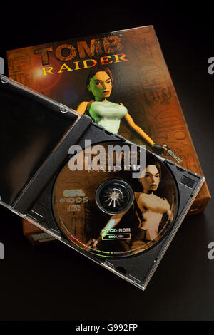 The original Tomb Raider PC game from 1996 an action-adventure video game developed by Core Design featuring the primary character Lara Croft Stock Photo