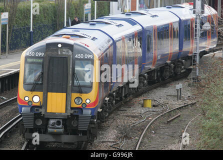 Train. A South West Trains Class 450 'Desiro' Electric train at Staines staion. Stock Photo