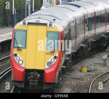 Transport - Diesel Locomotives - London - 2006. A South West Trains Class 458 Multiple Unit Electric train on the line between London and Staines. Stock Photo