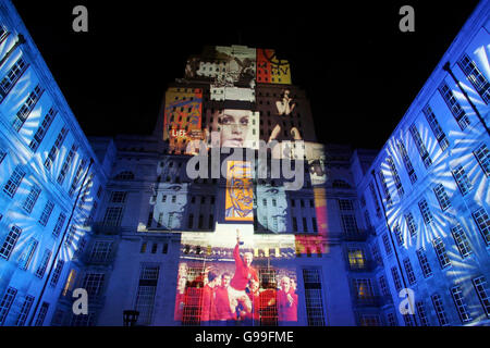 A spectacular light and sound show is projected on to Senate House, central London, to mark 'Britain's Biggest Soundcheck' for the RNID (the charity for the deaf and hard of hearing). PRESS ASSOCIATION Photo. Picture date: Tuesday 2 May 2006. The RNID is urging thousands of people across the country to call a specially developed telephone hearing check. PRESS ASSOCIATION Photo. Picture credit should read: Geoff Caddick /PA Stock Photo