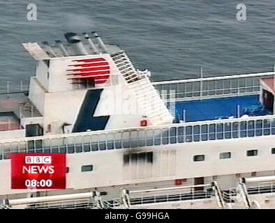 We are advised that video-grabs should not be used by daily papers later than 48 hours after the broadcast of the programme, without consent of the copyright holder. ALL TV AND INTERNET OUT. Videograbbed image taken from the BBC News 24 of the cruise ship Calypso. PRESS ASOCIATION Photo. Issue date: Saturday May 6 2006. A blaze aboard the ship in the English Channel sparked a full-scale alert early today. The fire broke out at 3.47am on board the Calypso, which was carrying 708 people on board, near Beachy Head. Firefighters flew out to the ship, reported to be about 20 miles from the coast, Stock Photo