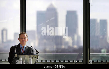 Britain's Prime Minister Tony Blair launches London's strategy for the 2012 Olympic Games at City Hall in London, Tuesday April 4, 2006. Tony Blair vowed today that the London 2012 Olympics will not be a two-week jamboree followed by a massive financial hangover. He spoke of his determination to prove cynics wrong if they believe that Britain is poised for 'six years of wrangling, one year of blind panic, two weeks of glory and an endless period of repentance at leisure'. Launching an action plan for 2012 at London's City Hall, he said: 'We can show something of the same confidence throughout Stock Photo