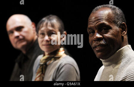 Cast members (L-R) Mike McShane, real-life 'exoneree' Sunny Jacobs and Danny Glover during a photocall for the play 'The Exonerated' at The Riverside Studios in Hammersmith, west London. Stock Photo