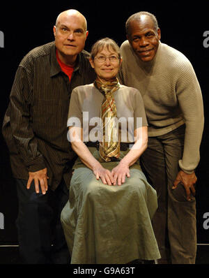 Cast members (L-R) Mike McShane, real-life 'exoneree' Sunny Jacobs and Danny Glover during a photocall for the play 'The Exonerated' at The Riverside Studios in Hammersmith, west London. Stock Photo