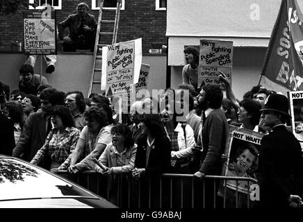 The Prime Minister's car after three eggs were thrown when Mrs Margaret Thatcher arrived at a reception for party workers. Police arrested three men and were booed by a crowd of jeering protesters as they led them away. Stock Photo