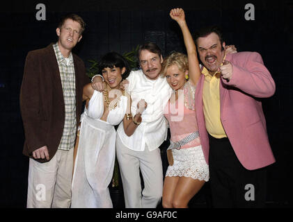 The cast of the play (from the left) Ian Porter, Marem Hernandez, Alan Turner, Wendy Morgan and Shaun Williamson after the curtain call for the first night of 'Road To Nirvana', at The King's Head theatre in Islington, north London. Stock Photo