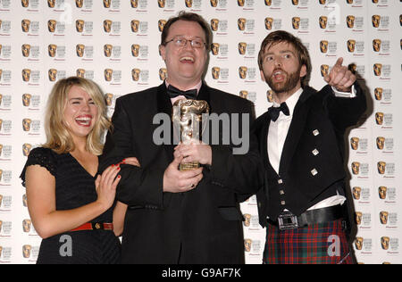 Stars of Dr Who (which won the award for Best Drama Series), Billie Piper (left) and David Tennant (right) with writer Russell T.Davis, during the TV Baftas, at the Grosvenor House Hotel in central London. Stock Photo