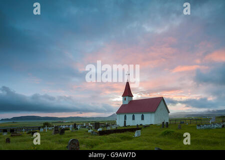 Sunset at Reyniskirkja church, Iceland. Stock Photo