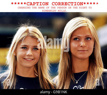 *******************CAPTION CORRECTION******************** CHANGING THE NAME OF THE PERSON ON THE RIGHT TO KIMBERLEY MILLS. Melanie Slade, girlfriend of England footballer Theo Walcott with Kimberley Mills fiancee of David Bentley, at a press photocall for Cancer Research's Race For Life at Tottenham Hotspurs ground White Hart Lane in London. Stock Photo
