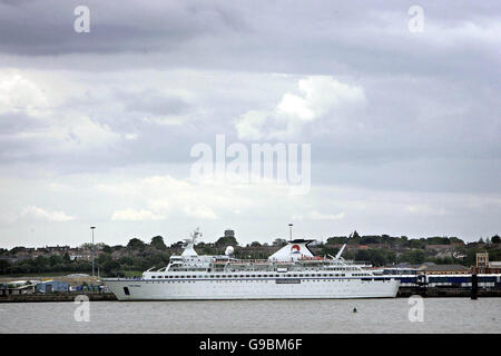 The cruise liner Van Gogh docked at Harwich in Essex after being after being detained because of a virus outbreak.