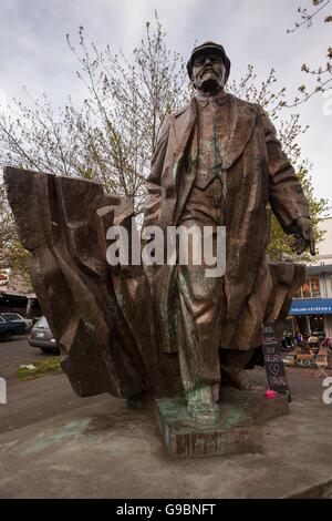 A 16-foot bronze sculpture of Communist revolutionary Vladimir Lenin located in the Fremont neighborhood of Seattle, Washington. Initially installed in Czechoslovakia in 1988, the sculpture was removed after the Velvet Revolution and later purchased and brought to the United States. Stock Photo