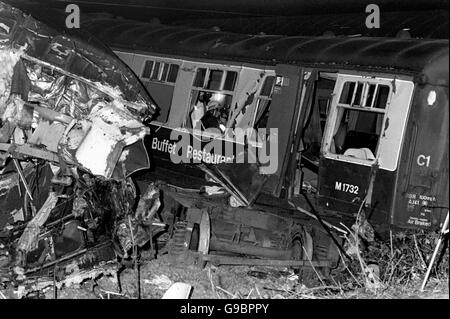 Wrecked carriages after the Colwich rail crash, involving two packed express trains. No passengers were killed, because of the great strength of the rolling stock involved Stock Photo