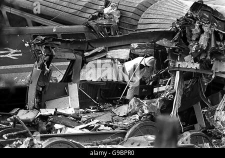 Wrecked carriages after the Colwich rail crash, involving two packed express trains. No passengers were killed, because of the great strength of the rolling stock involved Stock Photo