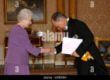 Britain's Queen Elizabeth II receives Ambassador of Germany Mr Wolfgang Friedrich Ischinger, who presented his Letters of Credence at Buckingham Palace in London. Stock Photo