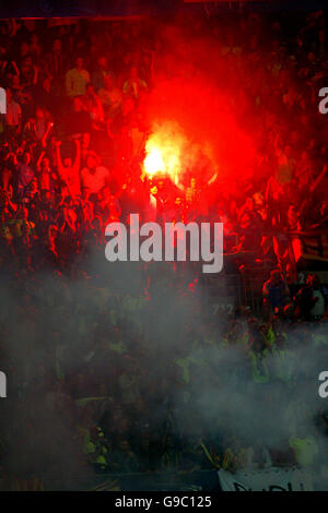 Soccer - UEFA Champions League - Final - Barcelona v Arsenal - Stade de France. Barcelona fans light flares during the game Stock Photo