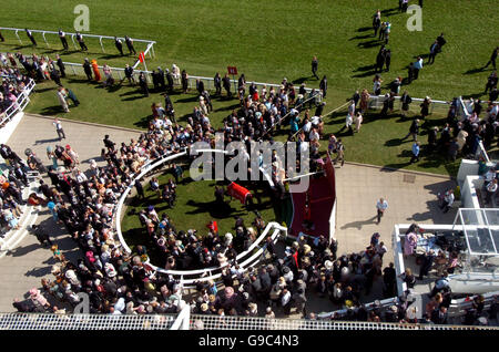 Horse Racing - Vodafone Derby Day - Epsom Downs Racecourse. Derby winner Martin Dwyer is lead into the winners enclosure after his victory on Sir Percy