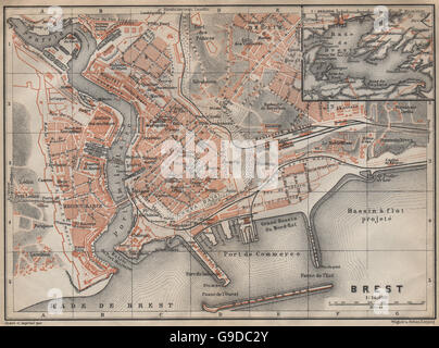 BREST town city plan de la ville. Finistère. Rade de Brest carte, 1909 old map Stock Photo