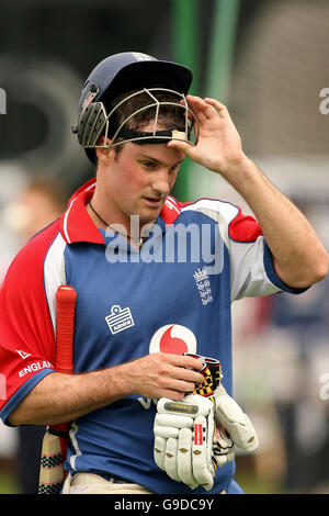 Cricket - England nets practice session - Manchester. England captain Andrew Strauss removes his helmet after batting during a nets practice session at Old Trafford, Manchester. Stock Photo