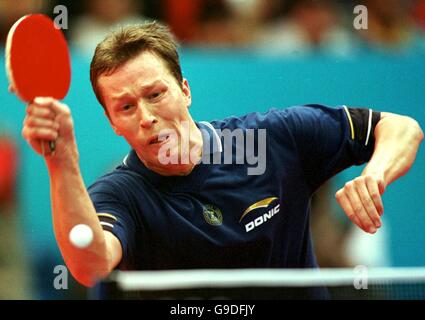 Sydney 2000 Olympics - Table Tennis - Men's Singles Final. Sweden's Jan-Ove Waldner in action against eventual Gold medalist Linghui Kong Stock Photo